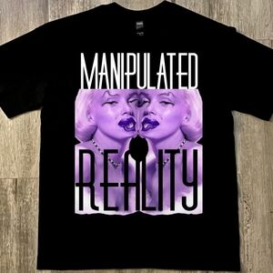 Manipulated Reality Graphic Tee, Black w Purple Pop Icon Cotton Unisex Large